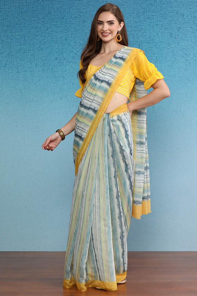 Mustard Stripe Printed Cotton Blend Saree