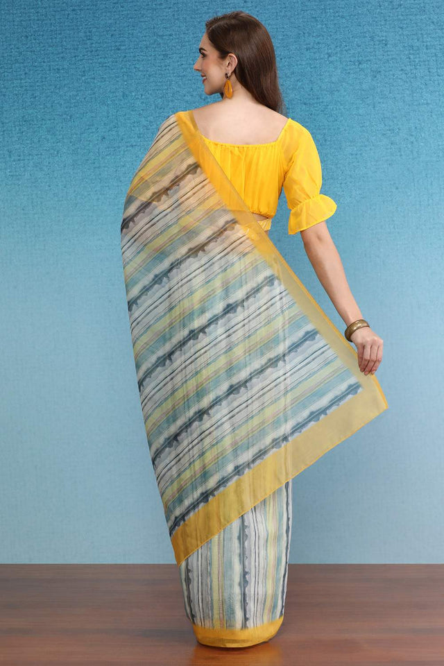 Mustard Stripe Printed Cotton Blend Saree