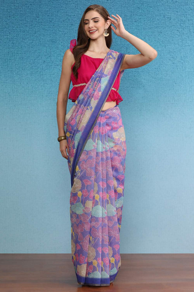 Multi-Color Floral Printed Cotton Blend Saree