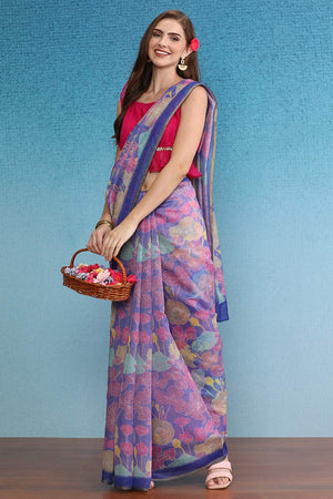 Multi-Color Floral Printed Cotton Blend Saree