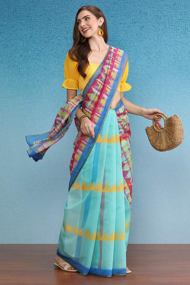 Multi-Color Geometric Printed Cotton Blend Saree