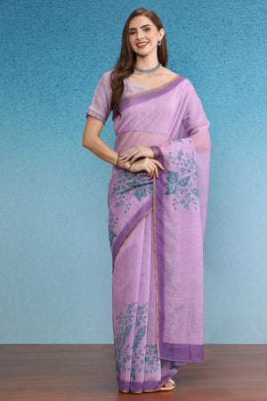 Violet Floral Printed Cotton Blend Saree