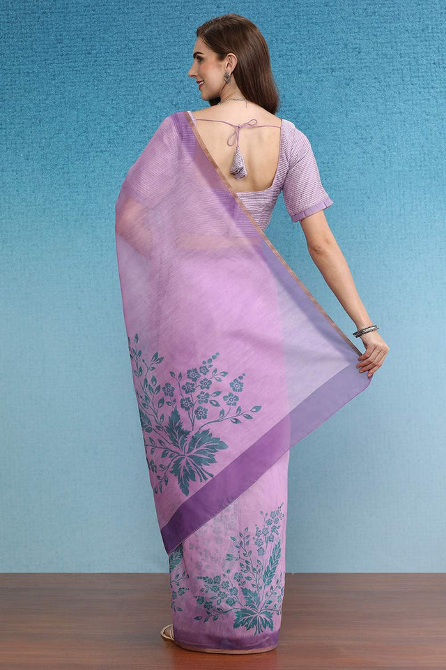 Violet Floral Printed Cotton Blend Saree