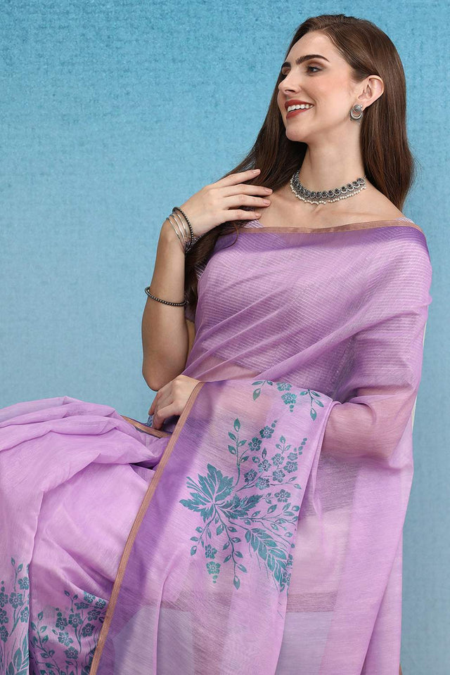 Violet Floral Printed Cotton Blend Saree