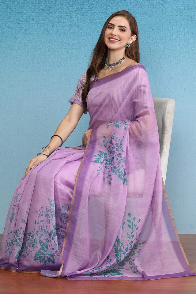Violet Floral Printed Cotton Blend Saree
