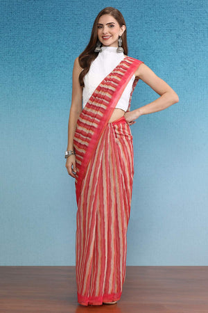 Red Stripe Printed Cotton Blend Saree