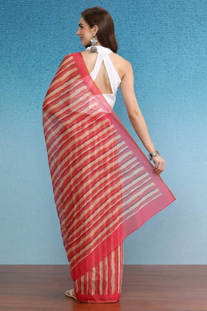 Red Stripe Printed Cotton Blend Saree