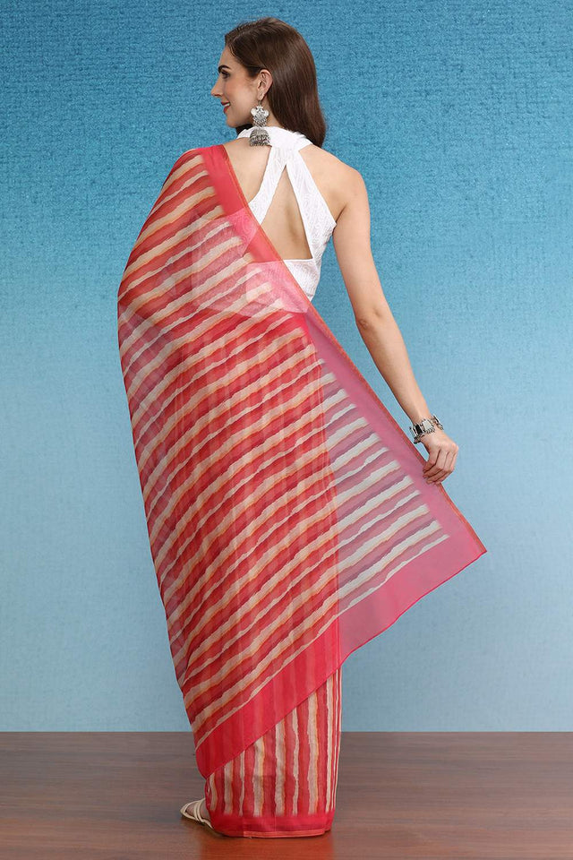 Red Stripe Printed Cotton Blend Saree