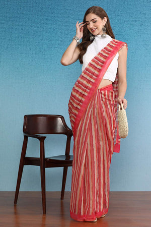 Red Stripe Printed Cotton Blend Saree