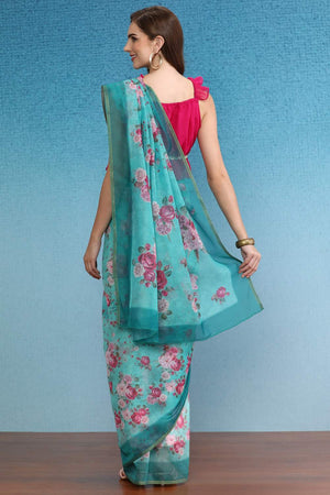 Turquoise Floral Printed Cotton Blend Saree