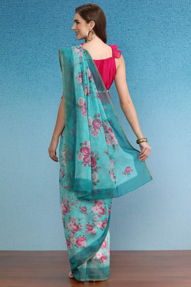 Turquoise Floral Printed Cotton Blend Saree