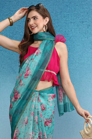Turquoise Floral Printed Cotton Blend Saree