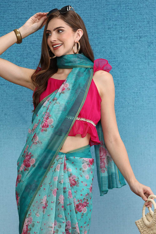 Turquoise Floral Printed Cotton Blend Saree