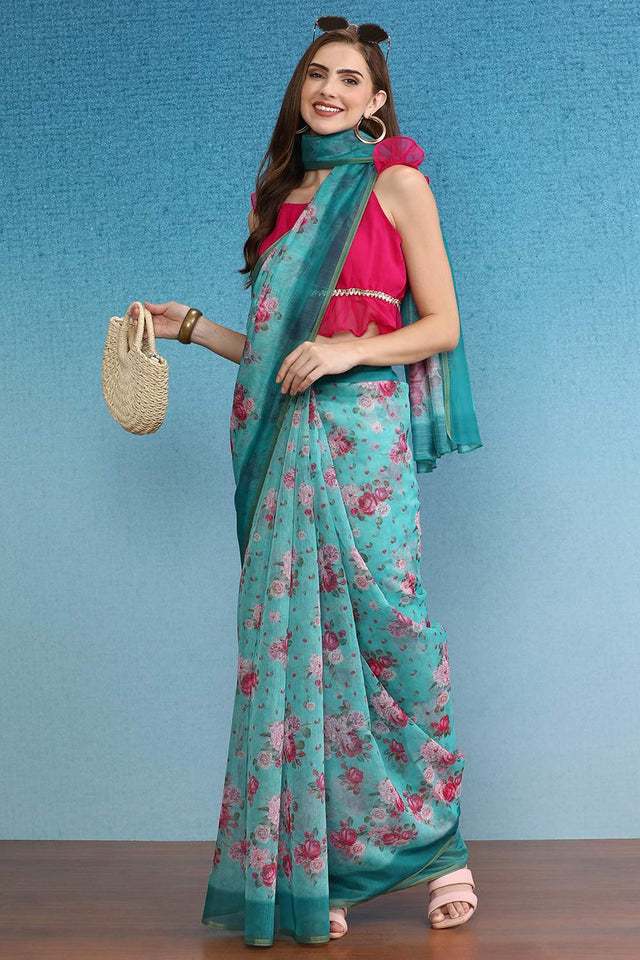 Turquoise Floral Printed Cotton Blend Saree