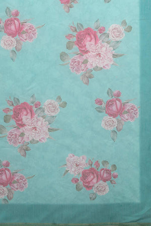 Turquoise Floral Printed Cotton Blend Saree