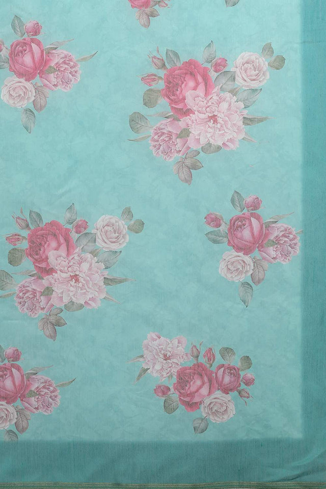 Turquoise Floral Printed Cotton Blend Saree