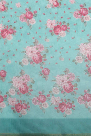 Turquoise Floral Printed Cotton Blend Saree