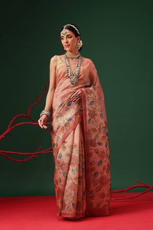 Peach Floral Printed Tissue Saree