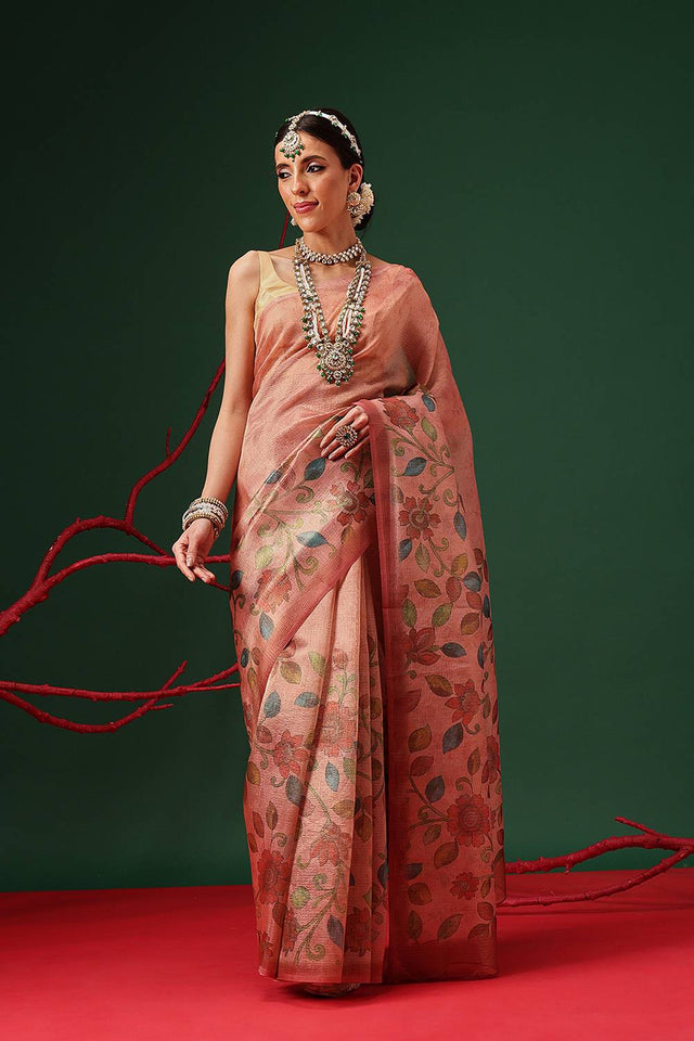 Peach Floral Printed Tissue Saree