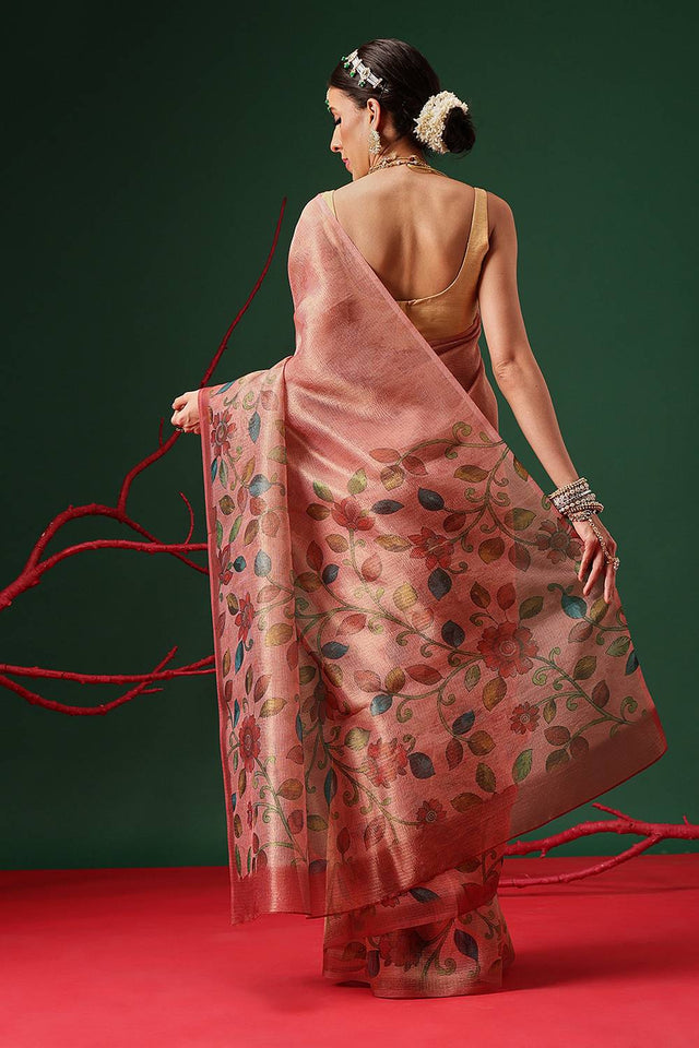 Peach Floral Printed Tissue Saree
