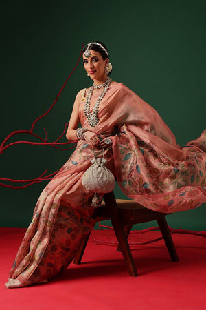 Peach Floral Printed Tissue Saree
