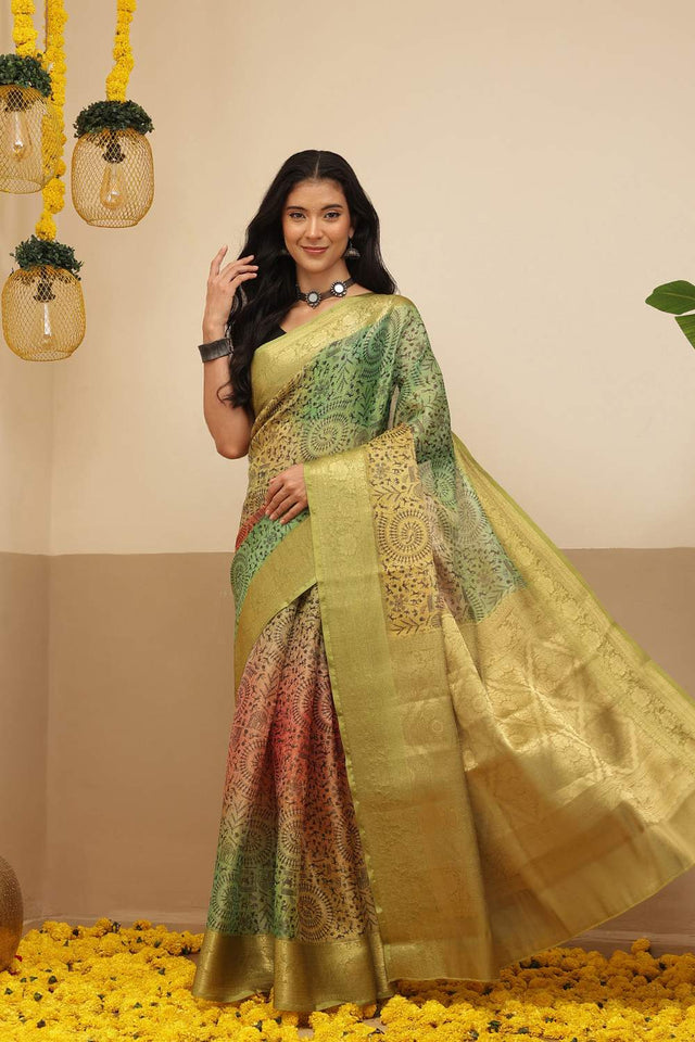 Olive Green Warli Printed Tissue Saree (SZ-DGROSE10-OL-3130)