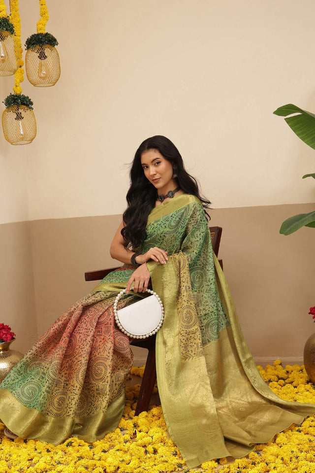 Olive Green Warli Printed Tissue Saree (SZ-DGROSE10-OL-3130)
