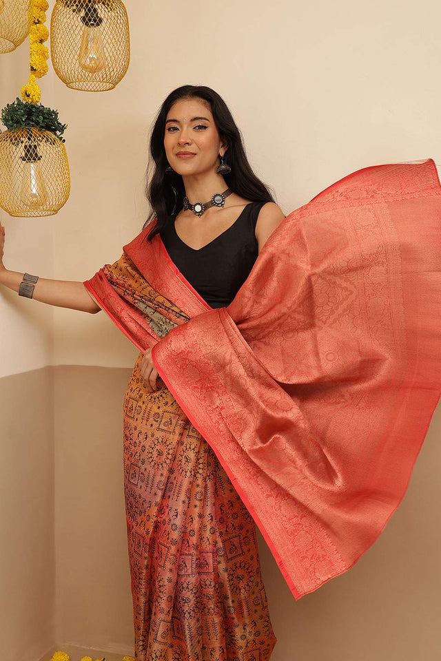 Orange Warli Printed Tissue Saree (SZ-DGROSE10-ORG-3132)