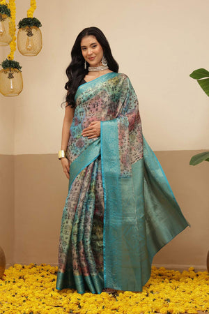 Turquoise Warli Printed Tissue Saree (SZ-DGROSE10-TL-3131)
