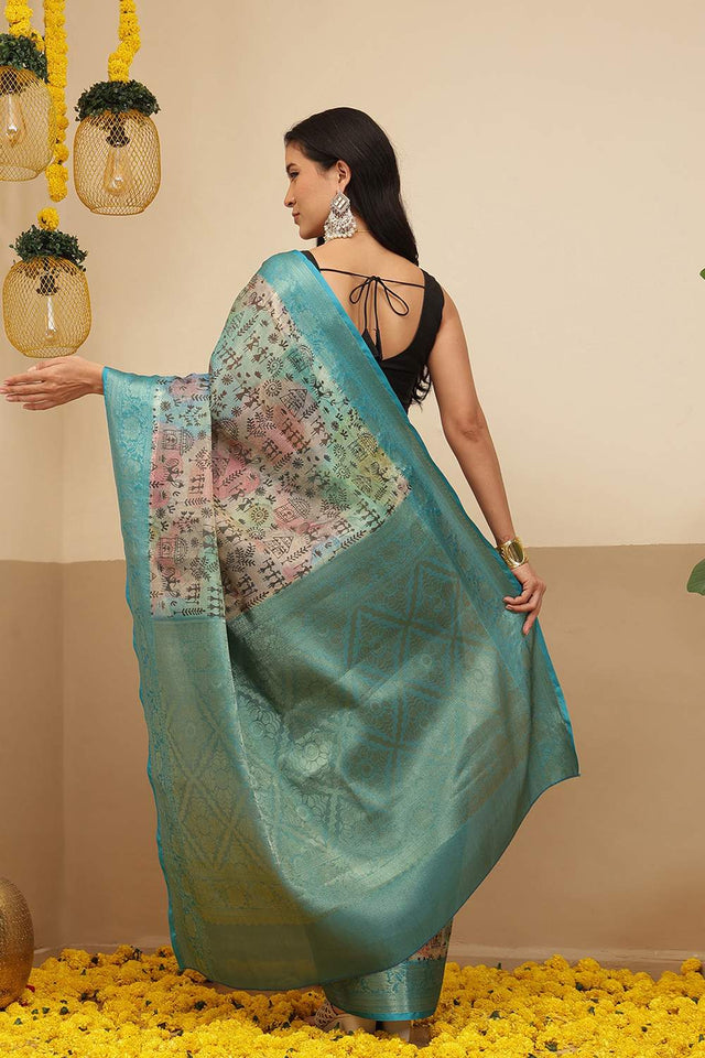 Turquoise Warli Printed Tissue Saree (SZ-DGROSE10-TL-3131)