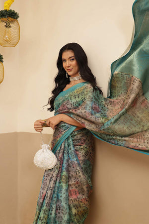 Turquoise Warli Printed Tissue Saree (SZ-DGROSE10-TL-3131)