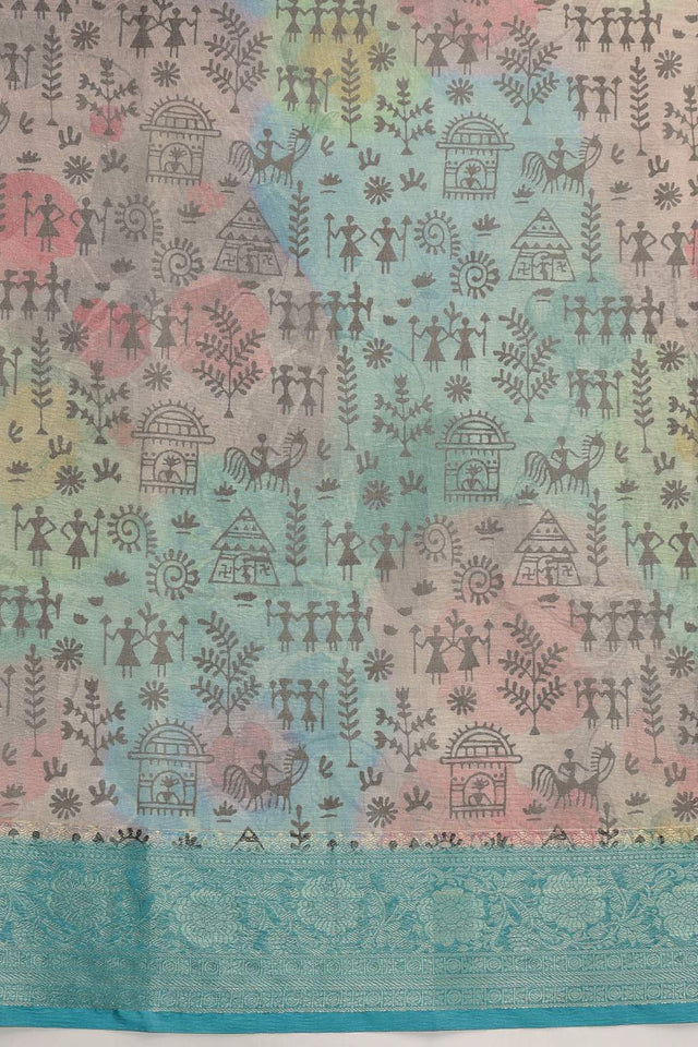 Turquoise Warli Printed Tissue Saree (SZ-DGROSE10-TL-3131)
