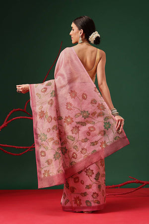 Pink Floral Printed Tissue Saree