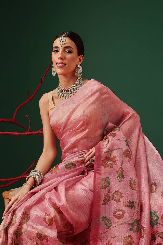 Pink Floral Printed Tissue Saree