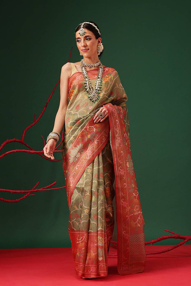 Olive Green Floral Printed Tissue Saree