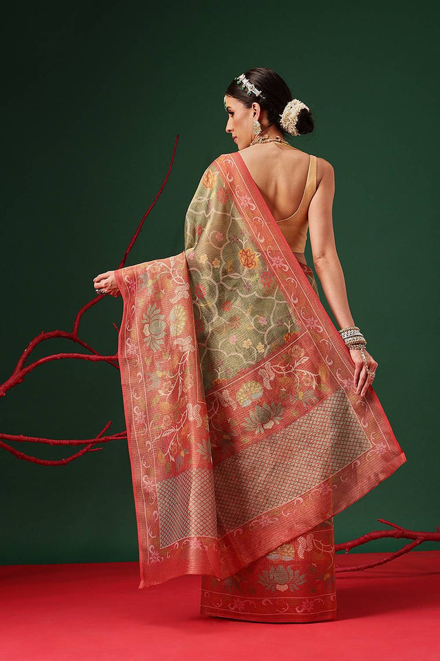 Olive Green Floral Printed Tissue Saree