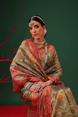 Olive Green Floral Printed Tissue Saree
