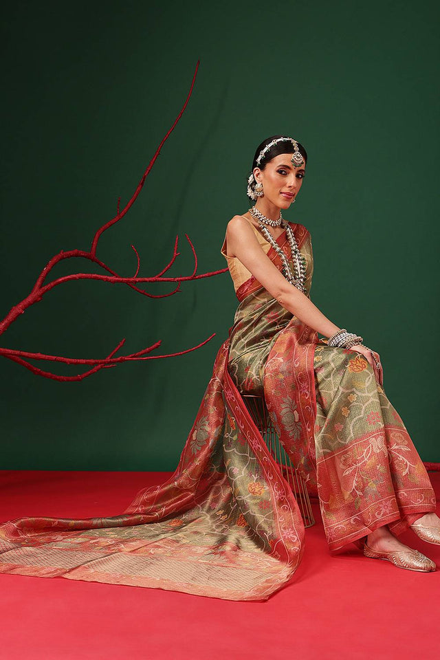 Olive Green Floral Printed Tissue Saree
