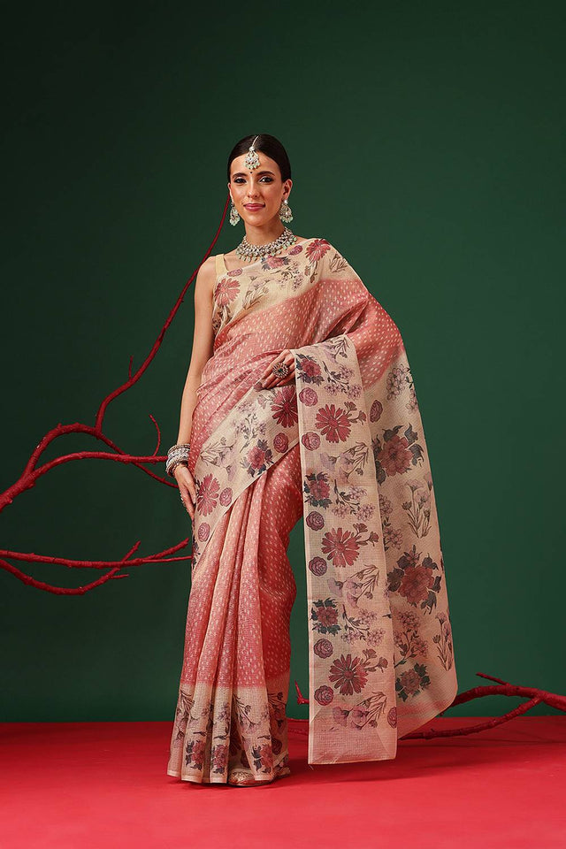 Red Floral Printed Tissue Saree