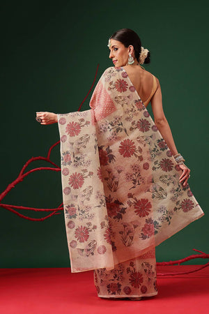 Red Floral Printed Tissue Saree