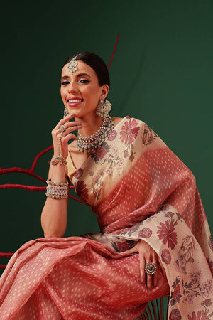 Red Floral Printed Tissue Saree