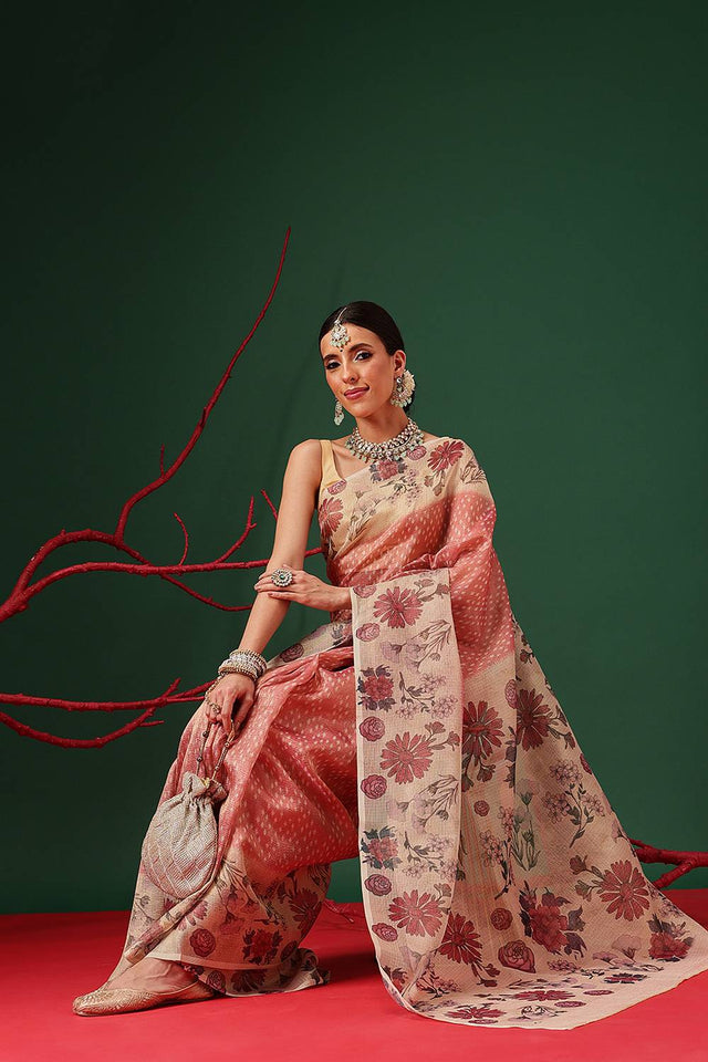 Red Floral Printed Tissue Saree