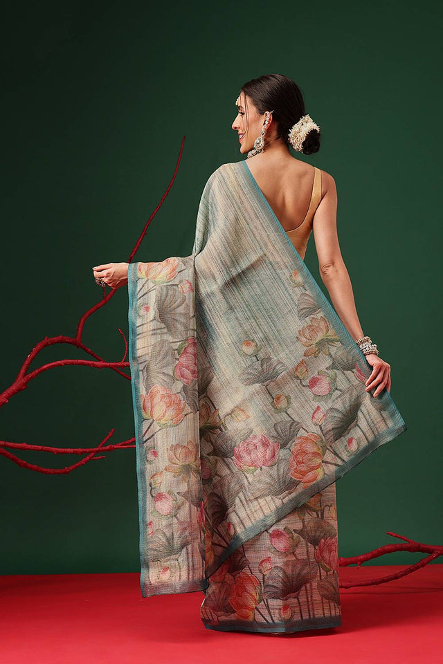 Turquoise Floral Printed Tissue Saree