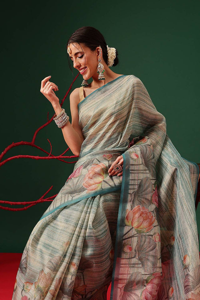 Turquoise Floral Printed Tissue Saree