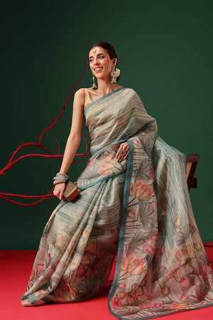 Turquoise Floral Printed Tissue Saree