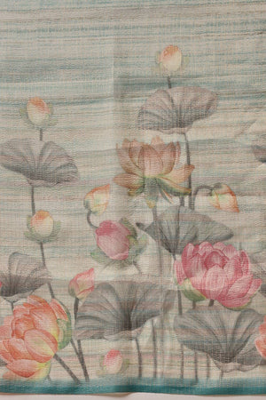 Turquoise Floral Printed Tissue Saree