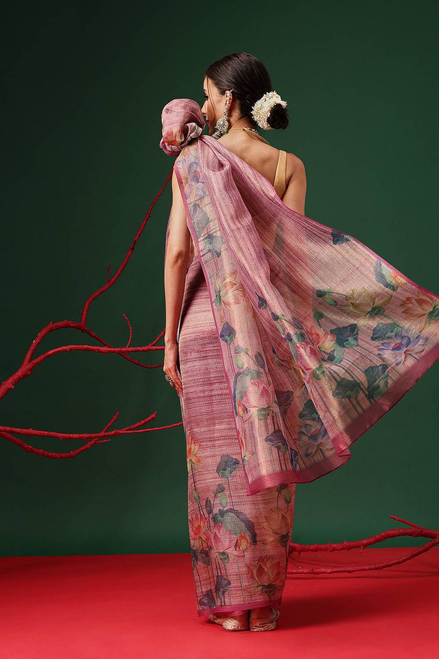 Violet Floral Printed Tissue Saree