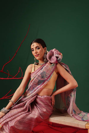 Violet Floral Printed Tissue Saree