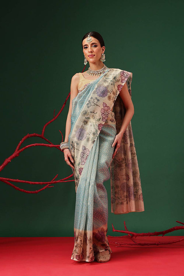 Turquoise Floral Printed Tissue Saree