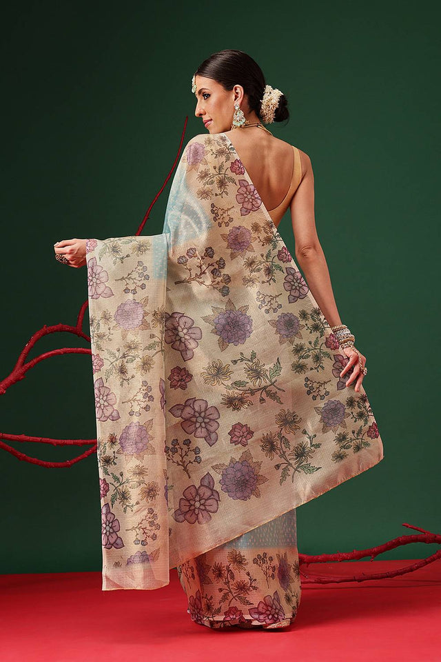 Turquoise Floral Printed Tissue Saree